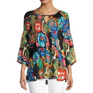 Spense Black Floral Babydoll Bell Sleeve Pleated Tie Neck Blouse Top Size Large